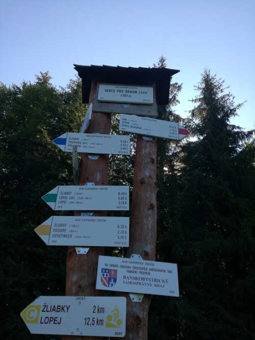 Turistický smerovník v Sedle pod Hrbom, chata