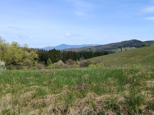 Nádherné výhľady nad Ponickou Lehôtkou, v pozadí vidíme posledné zvyšky snehu v Nízkych Tatrách.